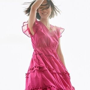 J Crew Pink Cotton Voile sun dress with Pom Pom trim size 14